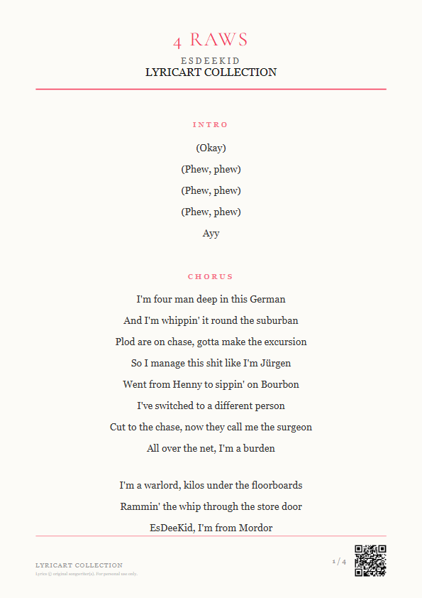 4 Raws EsDeeKid Lyrics - Four man deep in this German - Magazine Style