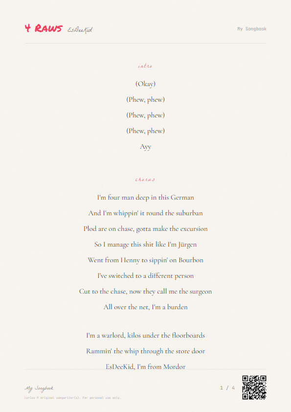 4 Raws EsDeeKid Lyrics - Four man deep in this German - Notebook Style