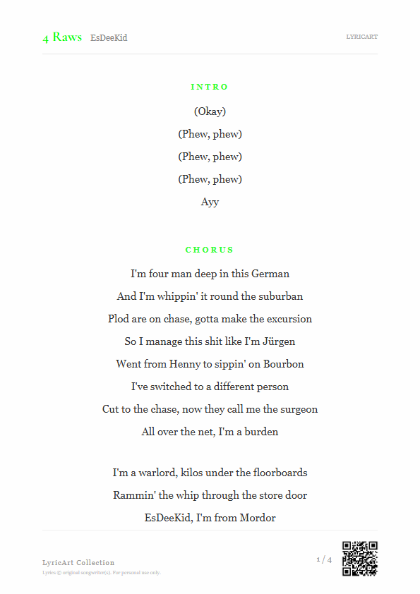 4 Raws EsDeeKid Lyrics - Four man deep in this German - Readable