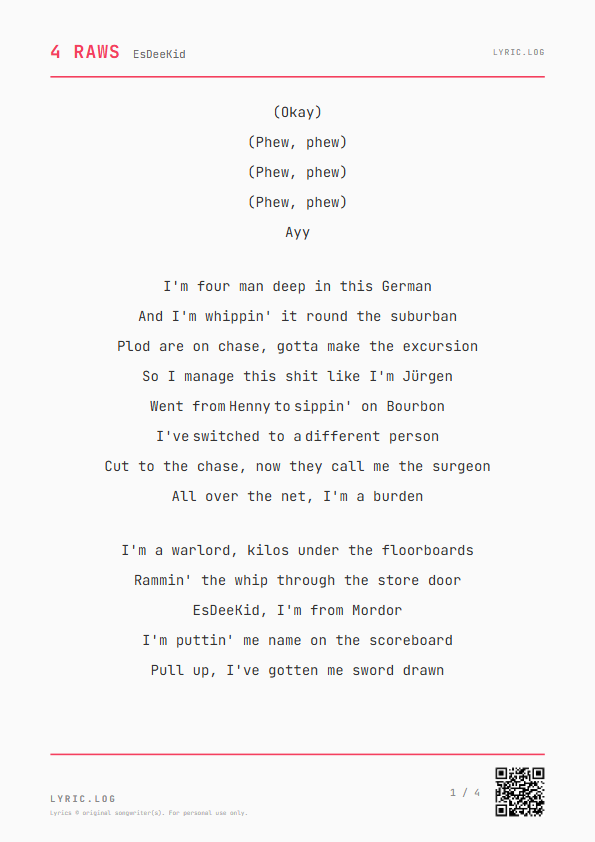4 Raws EsDeeKid Lyrics - Four man deep in this German - Receipt Style