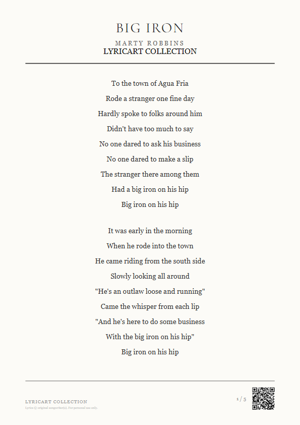 Big Iron Marty Robbins Lyrics - Rode a stranger one fine day - Magazine Style