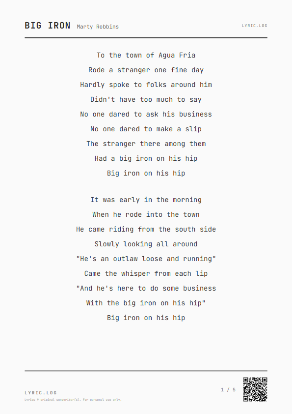 Big Iron Marty Robbins Lyrics - Rode a stranger one fine day - Receipt Style