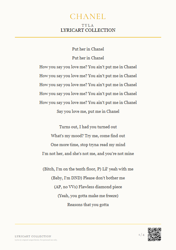 CHANEL Tyla Lyrics - How you say you love me? You ain't put me in Chanel - Magazine Style