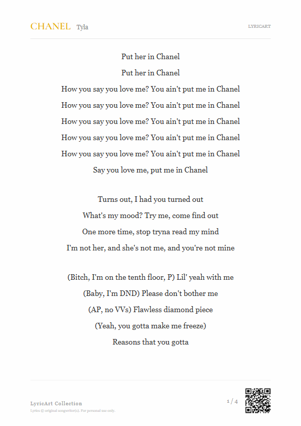 CHANEL Tyla Lyrics - How you say you love me? You ain't put me in Chanel - Readable