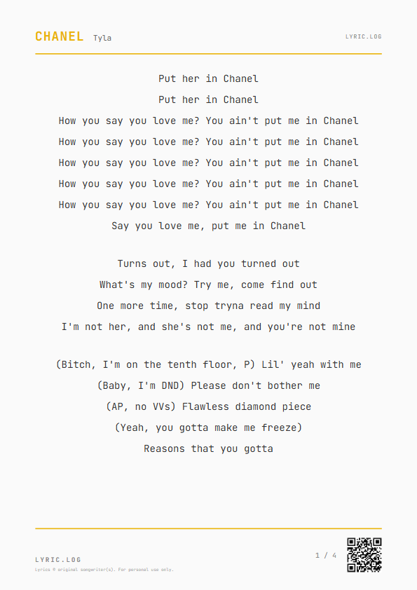CHANEL Tyla Lyrics - How you say you love me? You ain't put me in Chanel - Receipt Style