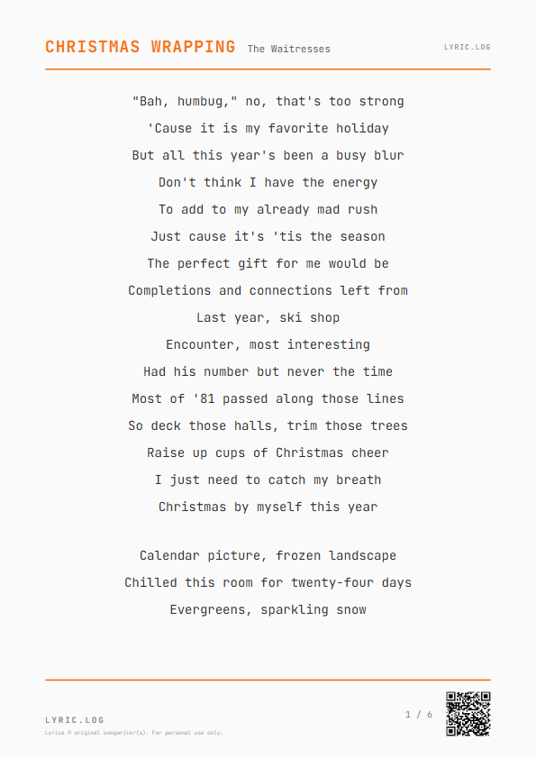 Christmas Wrapping The Waitresses Lyrics - All this year's been a busy blur - Receipt Style