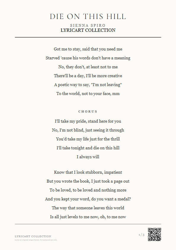 Die On This Hill SIENNA SPIRO Lyrics - Starved 'cause his words don't have a meaning - Magazine Style