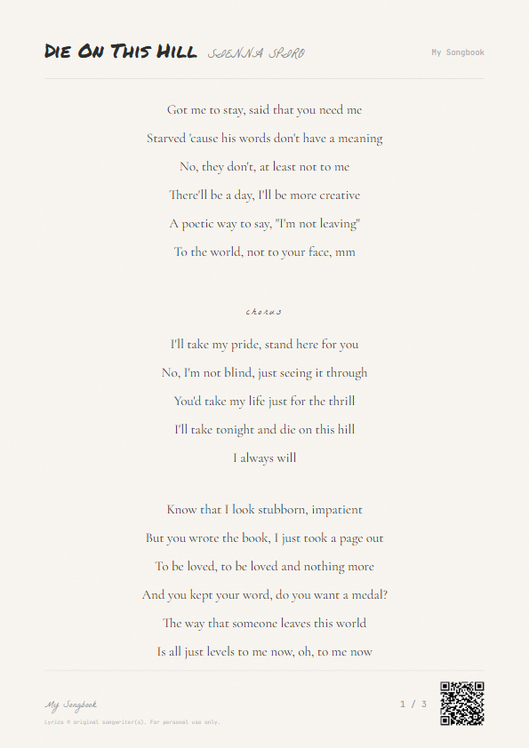 Die On This Hill SIENNA SPIRO Lyrics - Starved 'cause his words don't have a meaning - Notebook Style