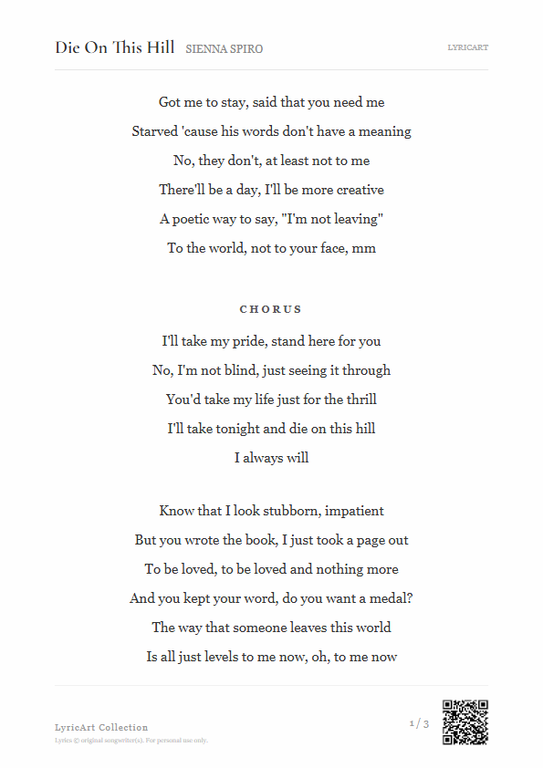 Die On This Hill SIENNA SPIRO Lyrics - Starved 'cause his words don't have a meaning - Readable