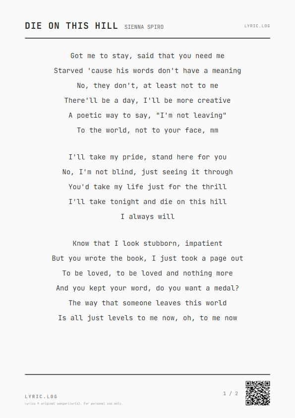Die On This Hill SIENNA SPIRO Lyrics - Starved 'cause his words don't have a meaning - Receipt Style