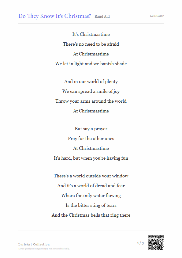 Do They Know It’s Christmas? Band Aid Lyrics - There's no need to be afraid - Readable