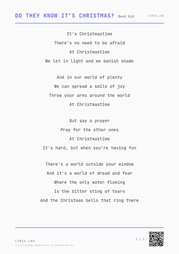 Do They Know It’s Christmas? Band Aid Lyrics - There's no need to be afraid - Receipt Style