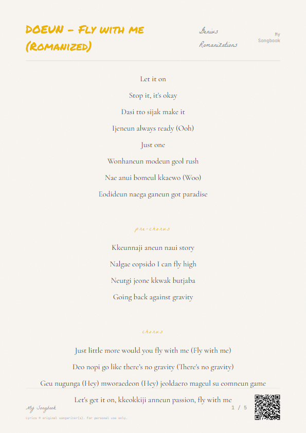 DOEUN - Fly with me (Romanized) Genius Romanizations Lyrics - I can fly high - Notebook Style