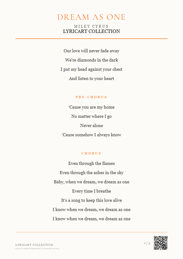 Dream As One Miley Cyrus Lyrics - Our love will never fade away - Magazine Style