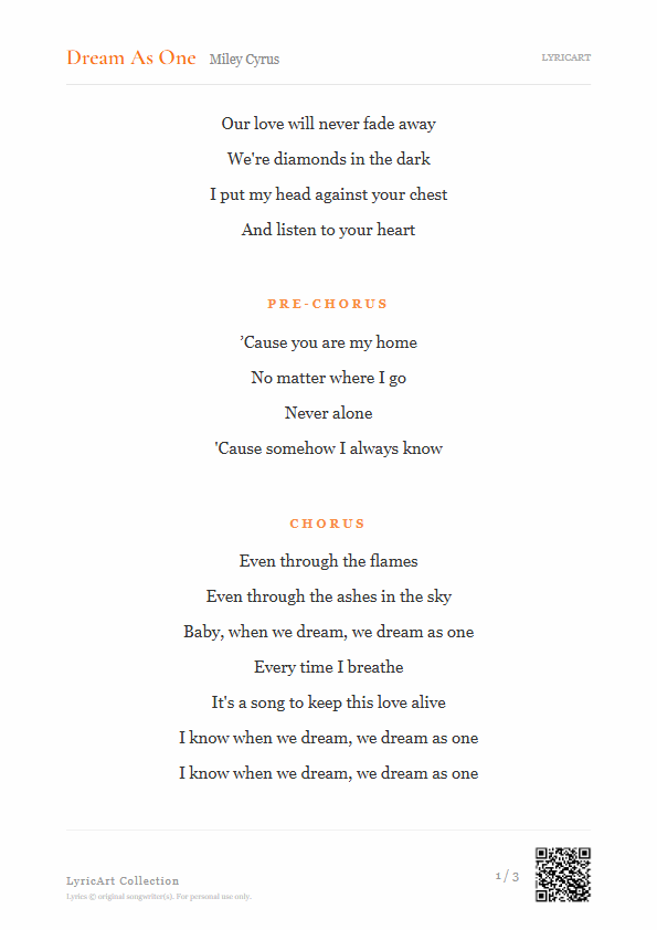 Dream As One Miley Cyrus Lyrics - Our love will never fade away - Readable