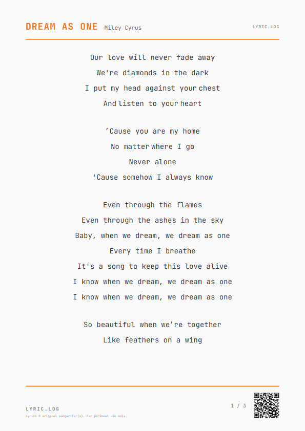 Dream As One Miley Cyrus Lyrics - Our love will never fade away - Receipt Style