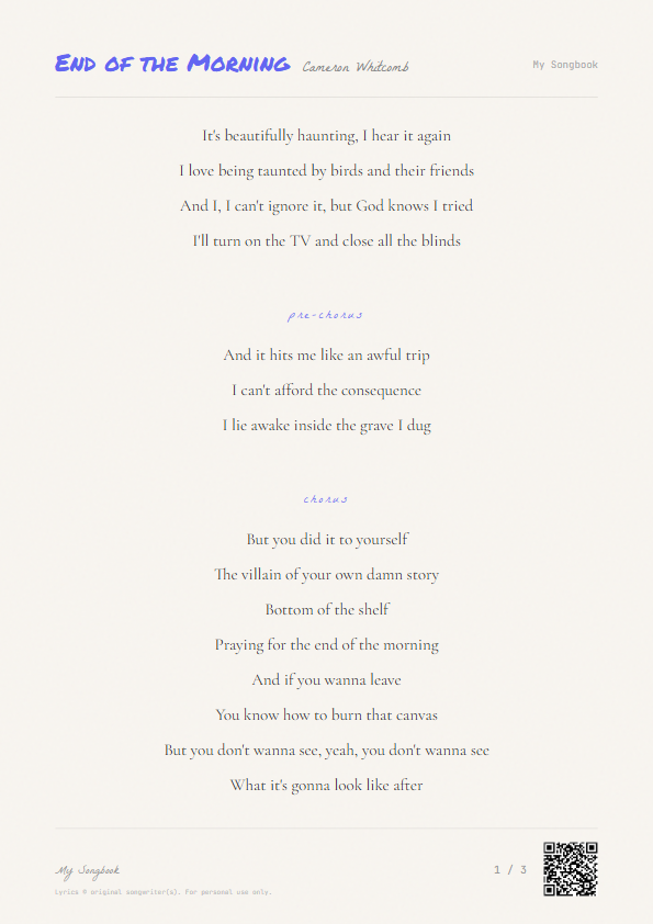 End of the Morning Cameron Whitcomb Lyrics - It's beautifully haunting, I hear it again - Notebook Style