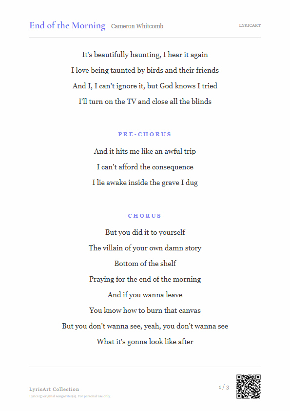 End of the Morning Cameron Whitcomb Lyrics - It's beautifully haunting, I hear it again - Readable
