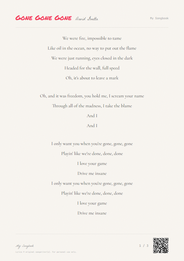 Gone Gone Gone David Guetta Lyrics - We were fire, impossible to tame - Notebook Style