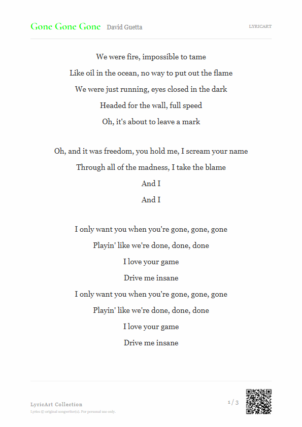 Gone Gone Gone David Guetta Lyrics - We were fire, impossible to tame - Readable