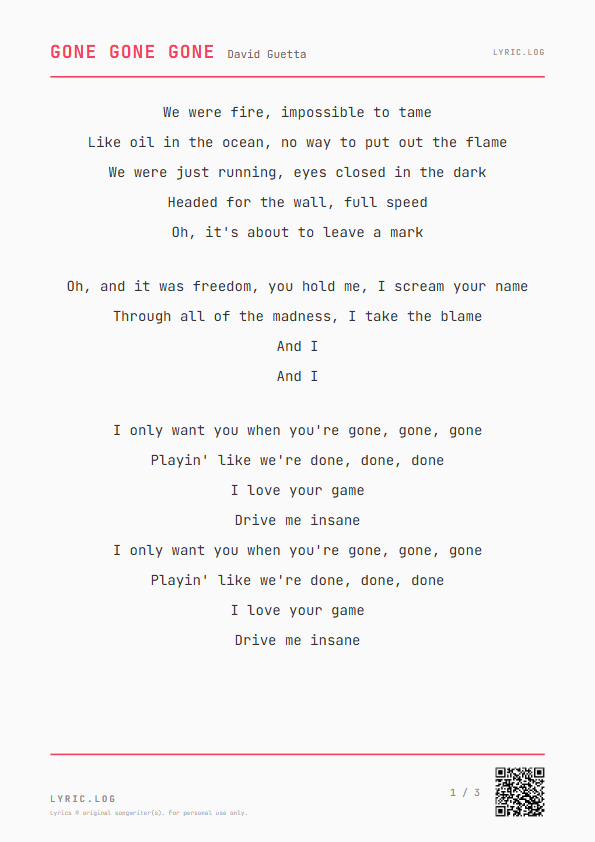 Gone Gone Gone David Guetta Lyrics - We were fire, impossible to tame - Receipt Style