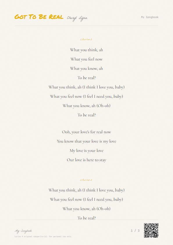 Got To Be Real Cheryl Lynn Lyrics - I feel I need you, baby - Notebook Style