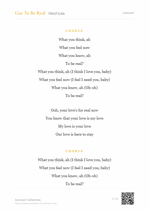 Got To Be Real Cheryl Lynn Lyrics - I feel I need you, baby - Readable