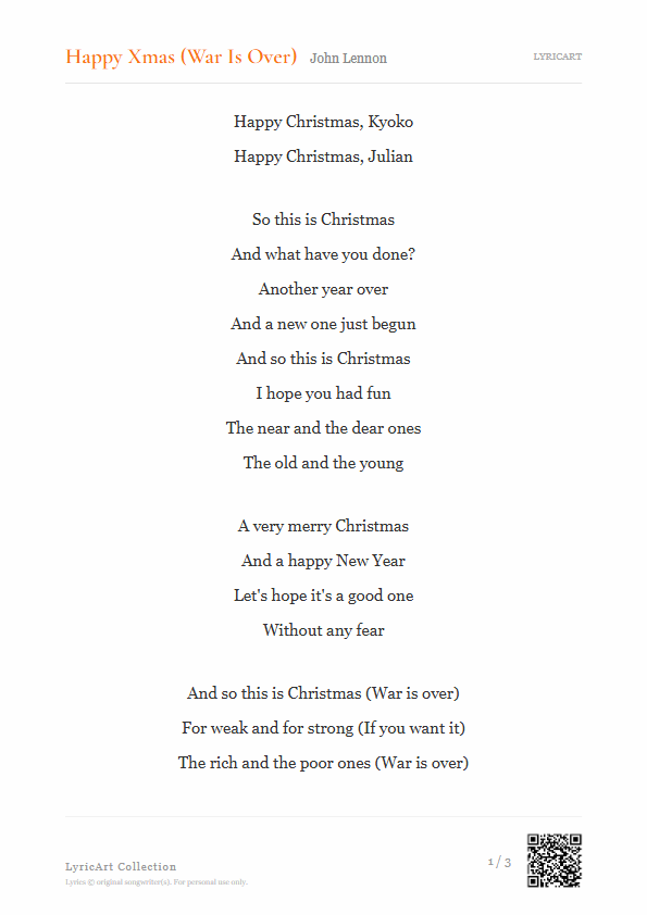 Happy Xmas (War Is Over) John Lennon Lyrics - And what have you done? - Readable