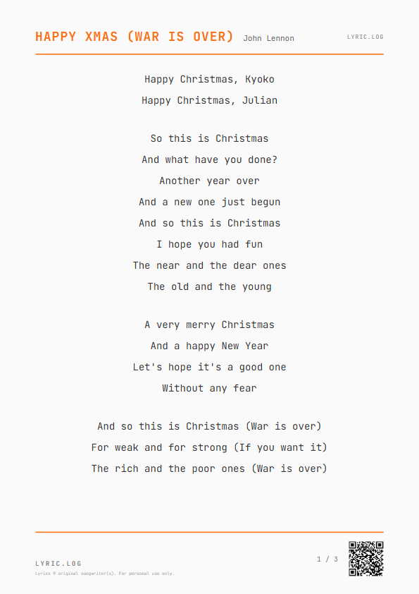 Happy Xmas (War Is Over) John Lennon Lyrics - And what have you done? - Receipt Style