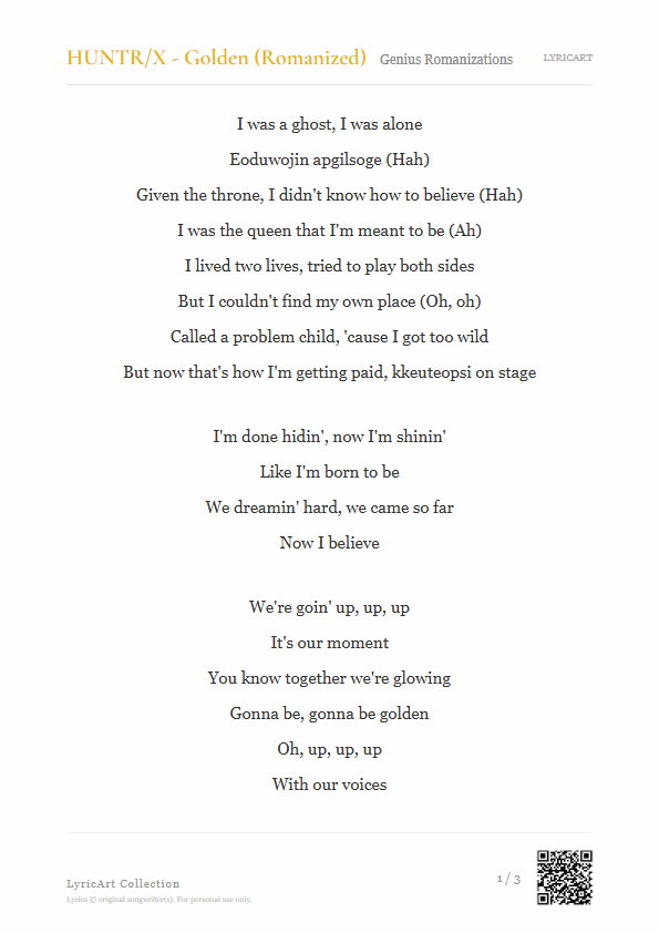 HUNTR/X - Golden (Romanized) Genius Romanizations Lyrics - I was a ghost, I was alone - Readable