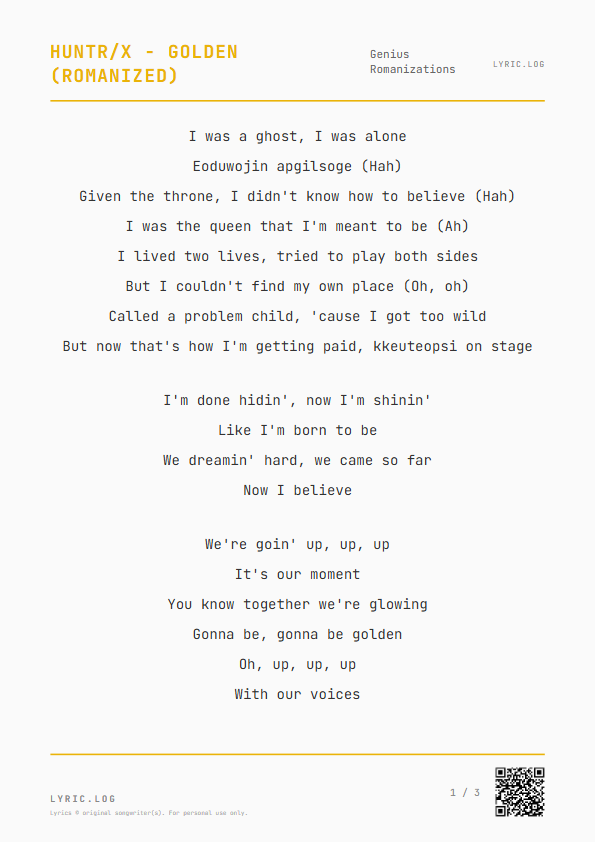 HUNTR/X - Golden (Romanized) Genius Romanizations Lyrics - I was a ghost, I was alone - Receipt Style