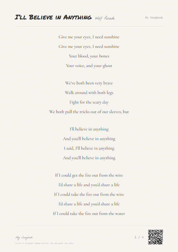 I’ll Believe in Anything Wolf Parade Lyrics - Give me your eyes, I need sunshine - Notebook Style