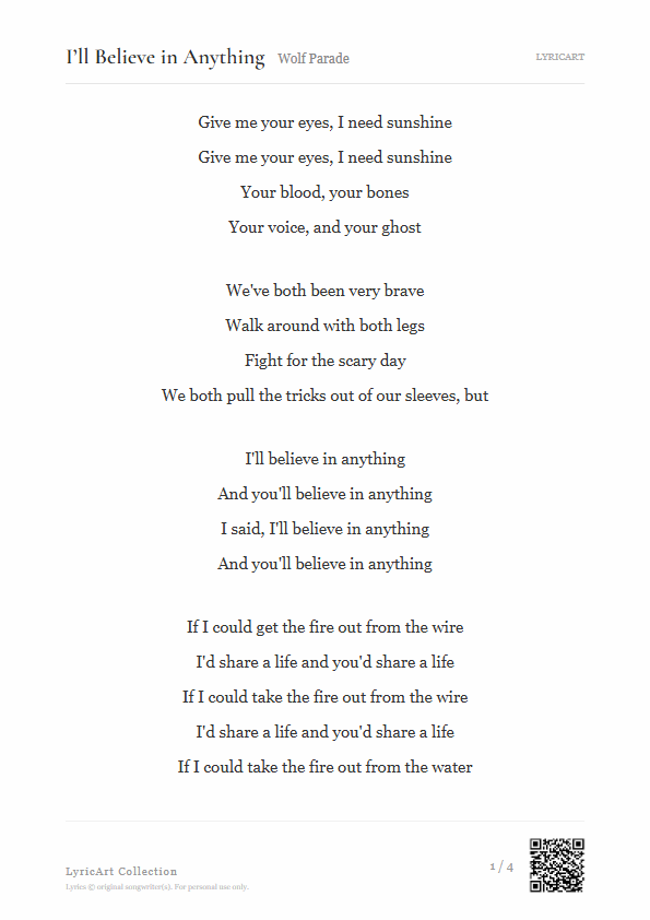 I’ll Believe in Anything Wolf Parade Lyrics - Give me your eyes, I need sunshine - Readable