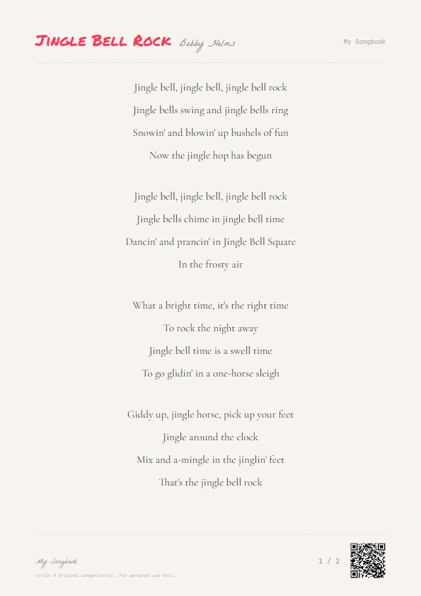Jingle Bell Rock Bobby Helms Lyrics - Jingle bells swing and jingle bells ring - Notebook Style