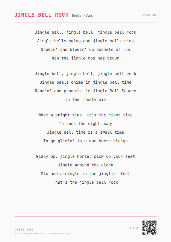 Jingle Bell Rock Bobby Helms Lyrics - Jingle bells swing and jingle bells ring - Receipt Style