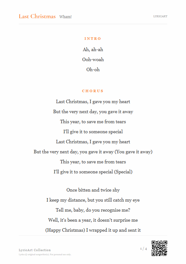 Last Christmas Wham! Lyrics - Last Christmas, I gave you my heart - Readable