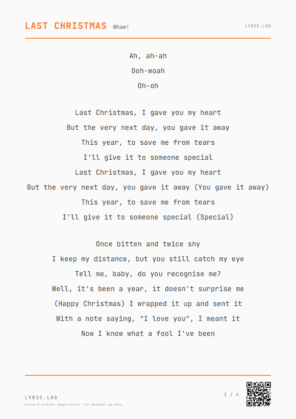 Last Christmas Wham! Lyrics - Last Christmas, I gave you my heart - Receipt Style