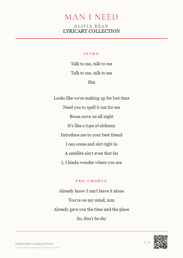 Man I Need Olivia Dean Lyrics - Looks like we're making up for lost time - Magazine Style