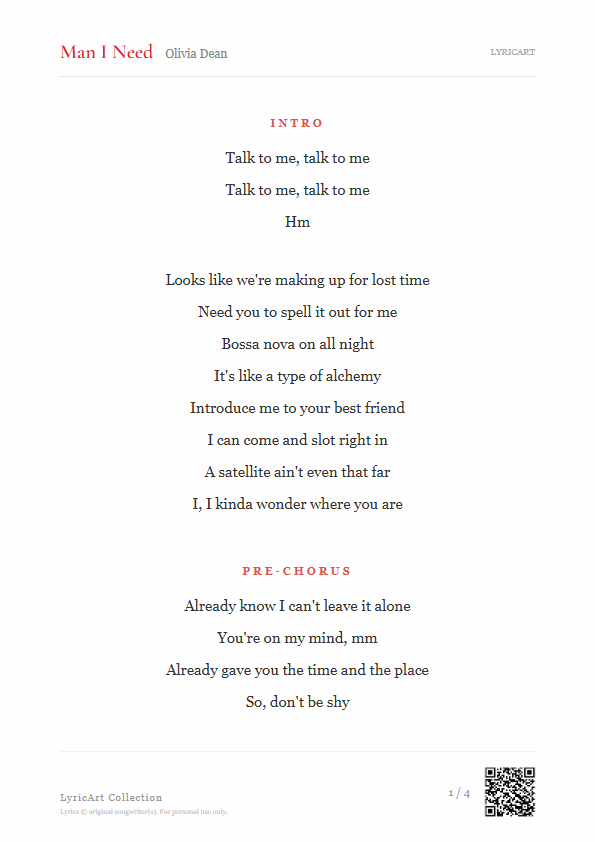 Man I Need Olivia Dean Lyrics - Looks like we're making up for lost time - Readable