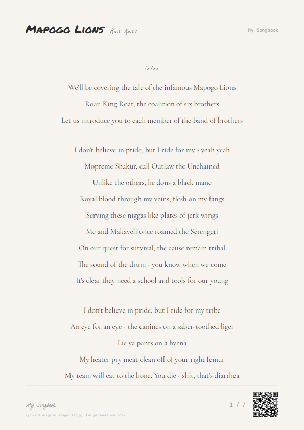 Mapogo Lions Ras Kass Lyrics - The tale of the infamous Mapogo Lions - Notebook Style