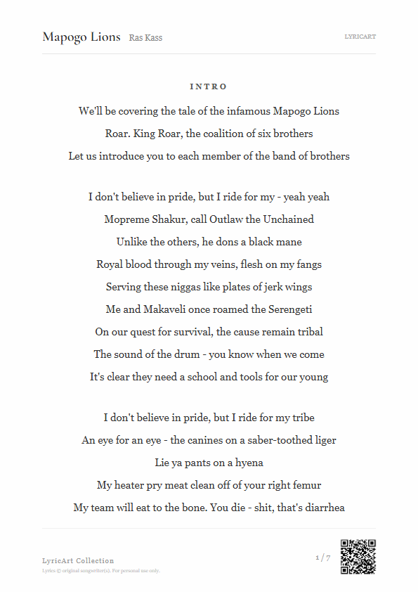 Mapogo Lions Ras Kass Lyrics - The tale of the infamous Mapogo Lions - Readable