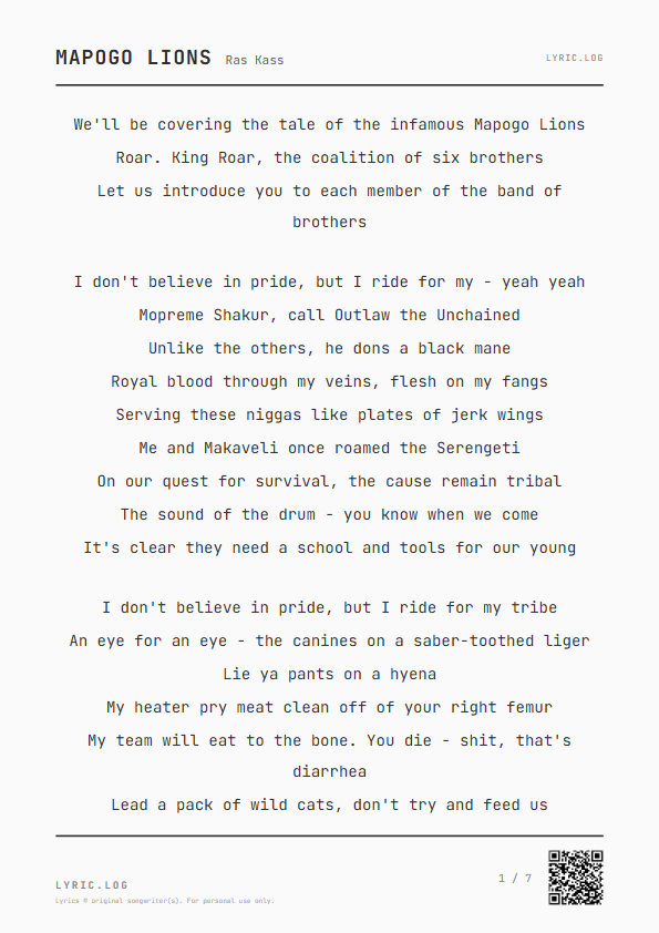 Mapogo Lions Ras Kass Lyrics - The tale of the infamous Mapogo Lions - Receipt Style
