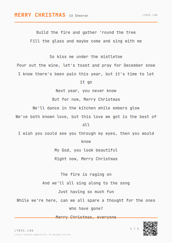 Merry Christmas Ed Sheeran Lyrics - Build the fire and gather 'round the tree - Receipt Style
