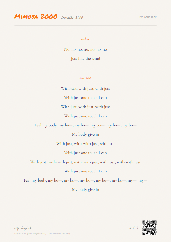 Mimosa 2000 Furacão 2000 Lyrics - Feel my body give in - Notebook Style