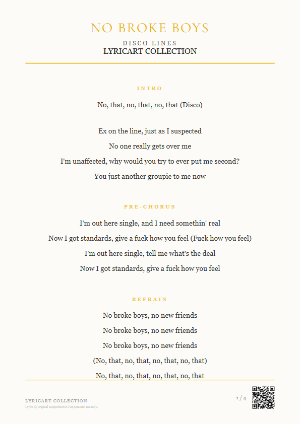 No Broke Boys Disco Lines Lyrics - Ex on the line, just as I suspected - Magazine Style