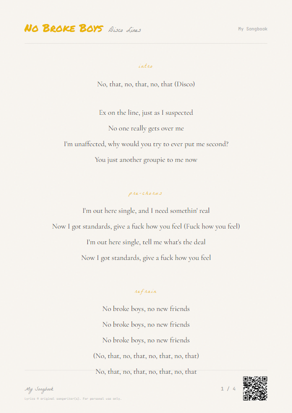 No Broke Boys Disco Lines Lyrics - Ex on the line, just as I suspected - Notebook Style