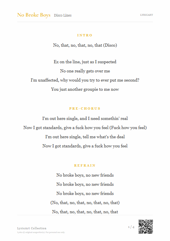 No Broke Boys Disco Lines Lyrics - Ex on the line, just as I suspected - Readable