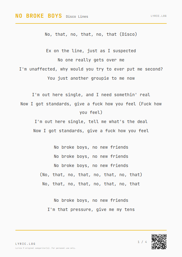 No Broke Boys Disco Lines Lyrics - Ex on the line, just as I suspected - Receipt Style