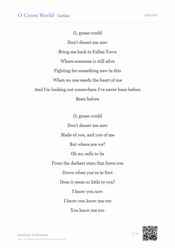 O Green World Gorillaz Lyrics - Don't desert me now - Readable