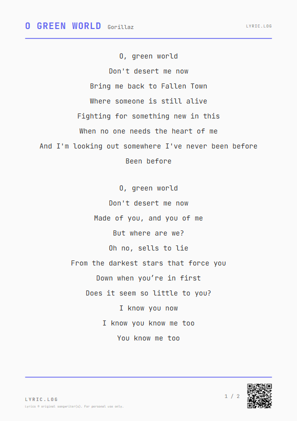 O Green World Gorillaz Lyrics - Don't desert me now - Receipt Style